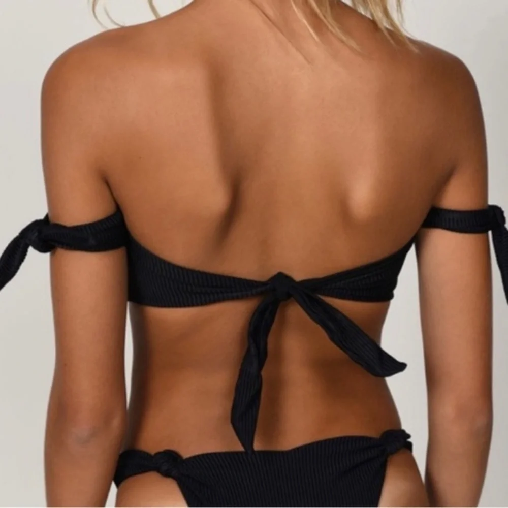 TOBI swim bikini top Black‎ off the shoulder front knot tie size Medium NWT